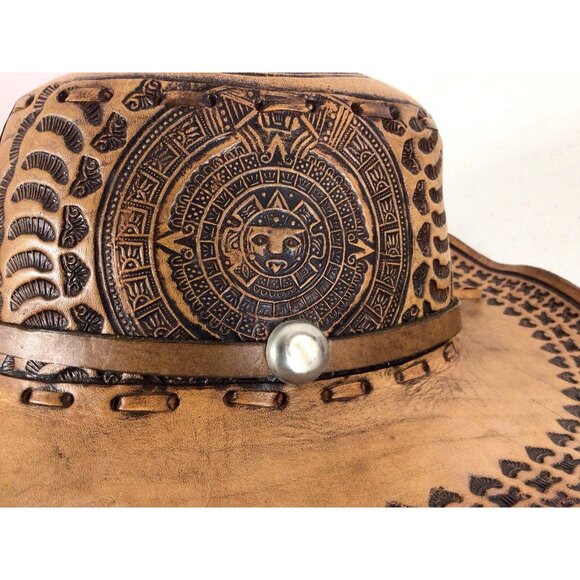 Hand Tooled Leather Cowboy Rancher Hat Western Aztec Style Womens Small - Picture 7 of 8